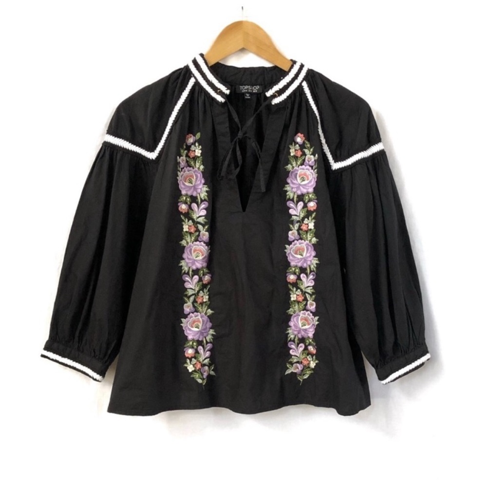 Topshop embroidered ribbon 3/4 sleeve shirt